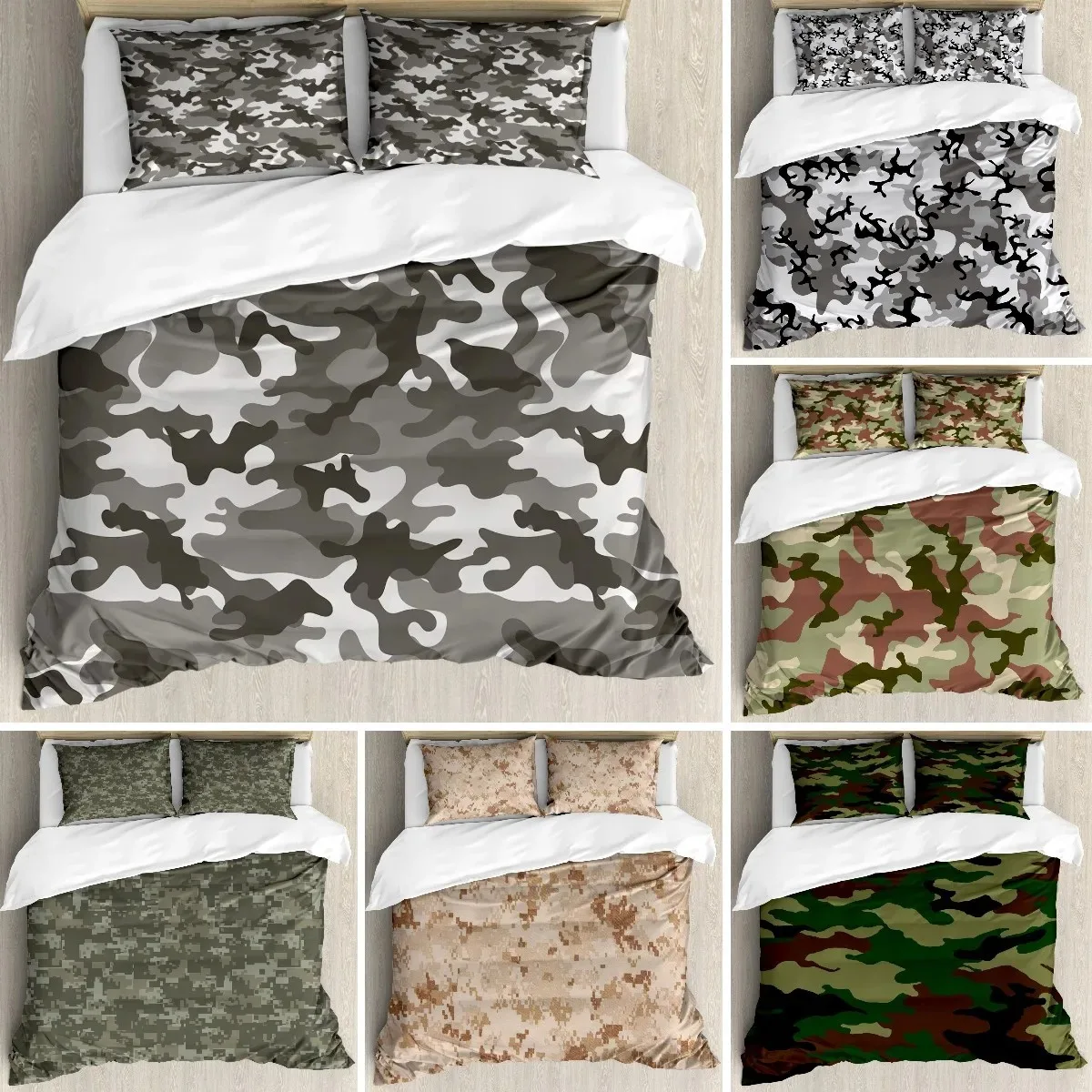 

Camo Duvet Cover Monochrome Attire Pattern Camouflage Concept Vegetation Fashion Design Print Duvet Cover, Coconut Gray