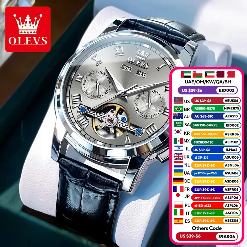 Mans Wrist Watch OLVES 6607 Multifunctional Tourbillon Automatic Mechanical Watches For man Leather Strap Waterproof Date