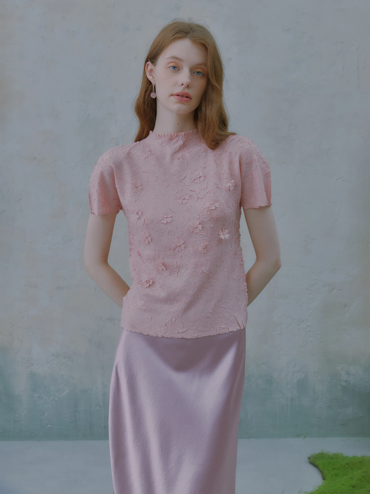 

Pink Cherry Blossom Falling Shirt Short Sleeve Women's Spring Summer Gentle Three Colors Embellished Pleated Top Polyester Fi...