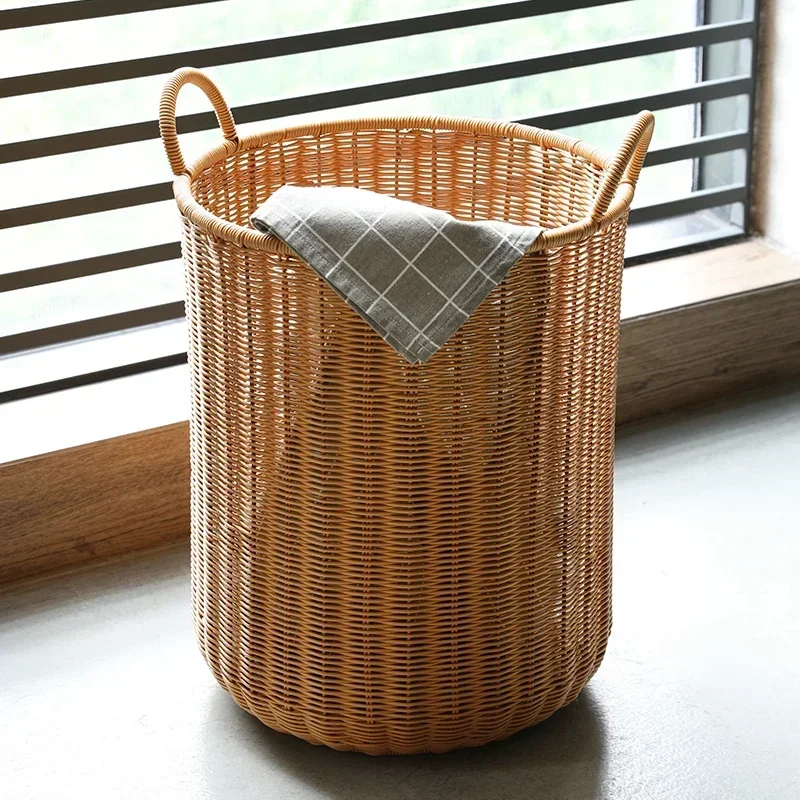 Nordic Style Large Dirty Clothes Basket, Circular, Living Room, Book and Newspaper Storage Bucket, Plastic Rattan Warehouse Rack