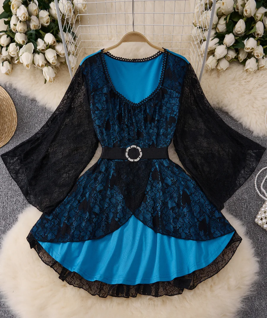 

Elegant Women's Lace Print Top with Belt Casual Floral Shirt Long Sleeve V-Neck Loose Fit Button down Office Workwear