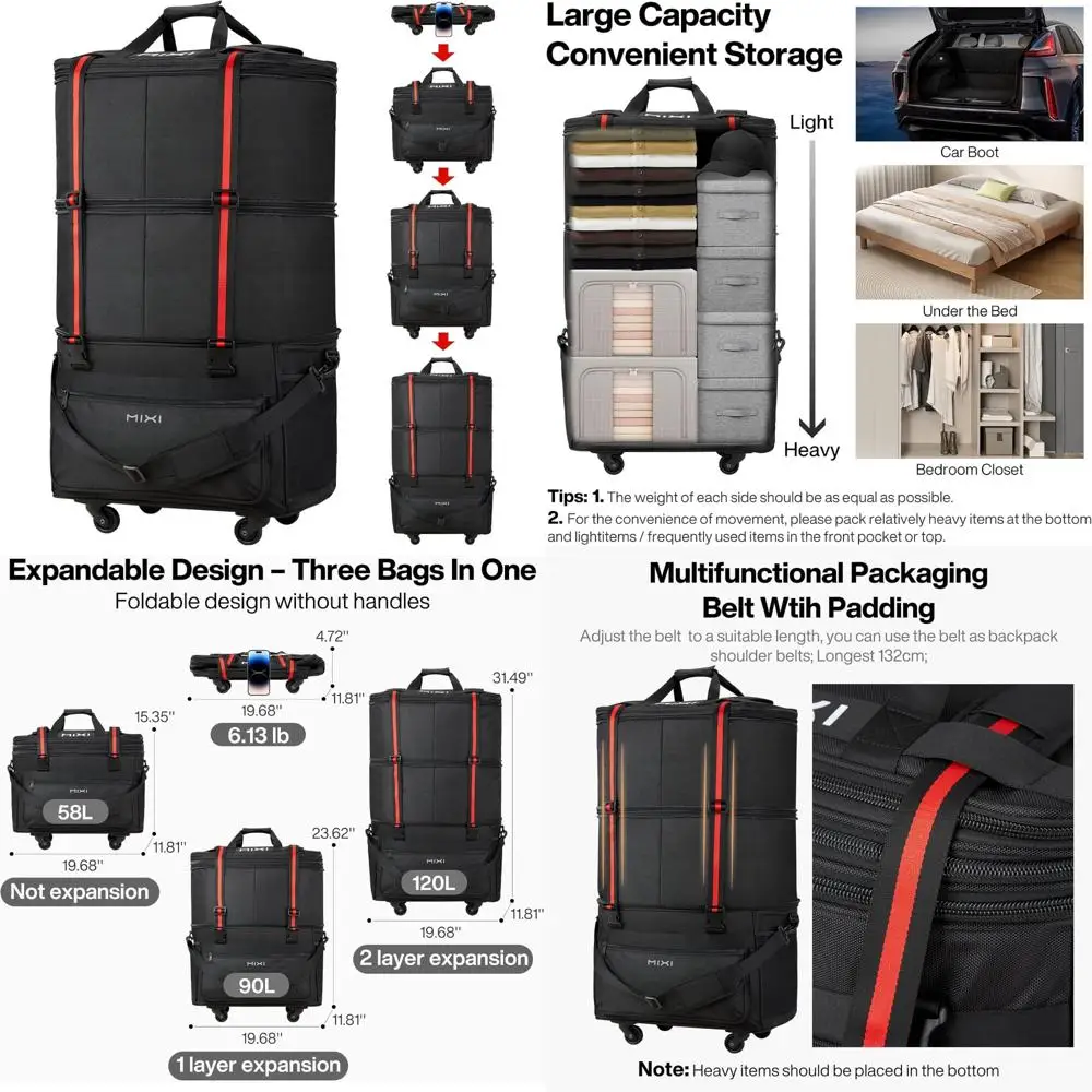 

Expandable Rolling Luggage Bag with Large Capacity, Collapsible Duffel Suitcase for Travel and Storage