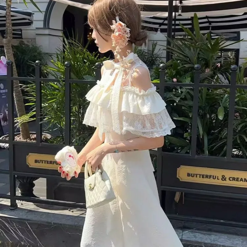 MAGOOG 2025 ฤดูร้อนใหม่ Slim Midi ชุดผู้หญิงภาษาฝรั่งเศสคํา Vintage Lace ชุดราตรีโรแมนติก Fairy Princess Elegant Party สวมใส่อย่างเป็นทางการ