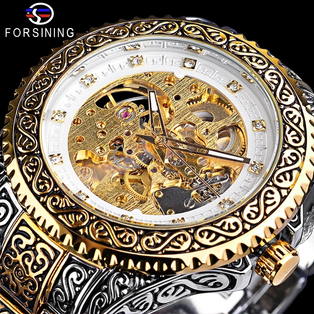 Forsining-Relógio de pulso mecânico automático masculino, impermeável, aço inoxidável, diamante, dourado, relógio vintage, 378B