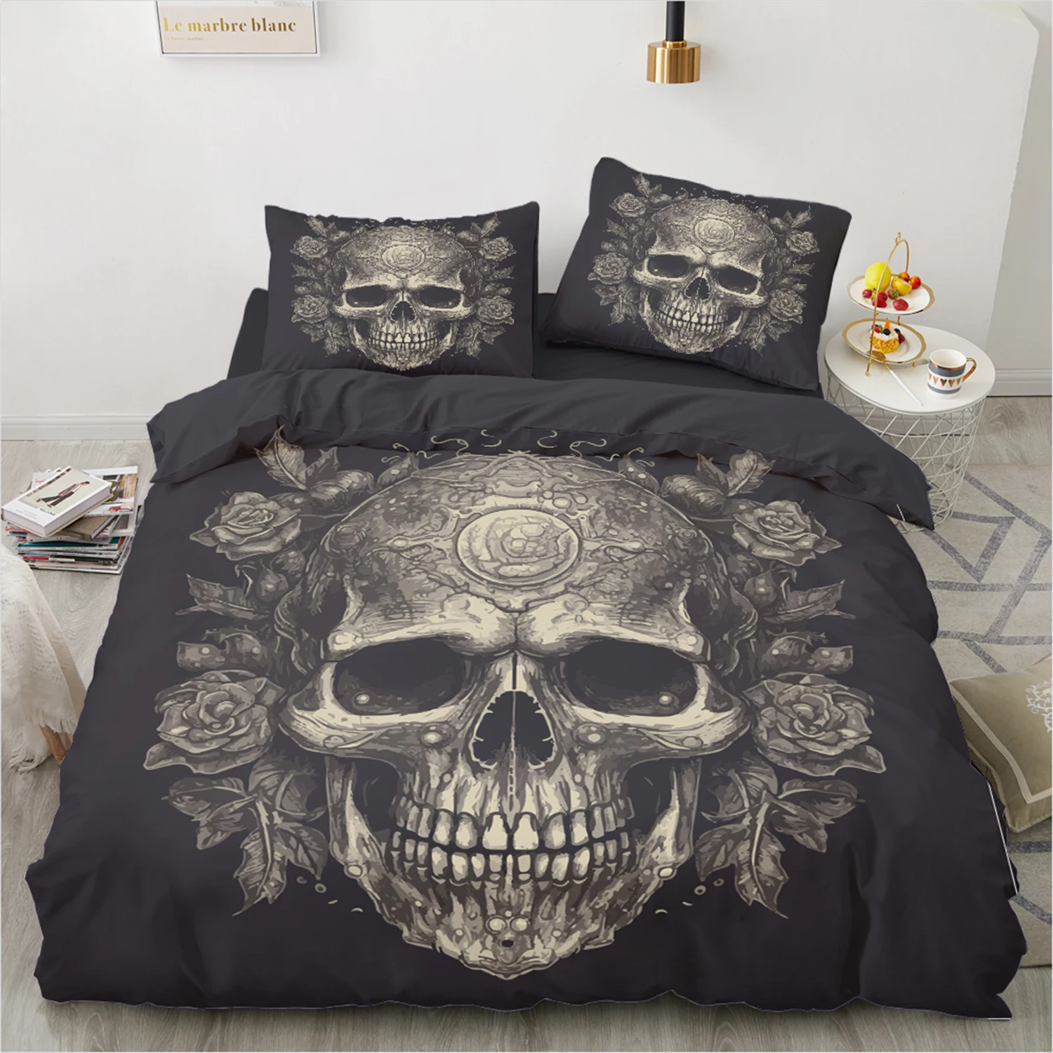 

Vintage Gothic Bedding Set with Skull Skeleton Design, Baroque Halloween Comforter Cover Twin/Queen 200x200cm Duvet Cover set