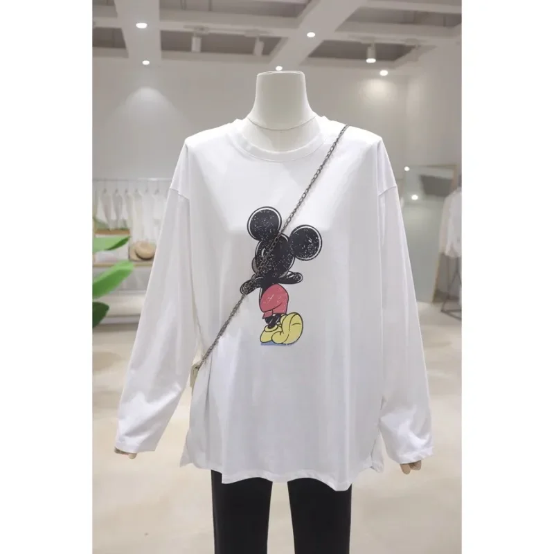 Hem Split Age-reducing Cartoon Printing Top Pullovers New Early Autumn Loose Thin Pure Cotton Long-sleeved O-neck T-shirt Female