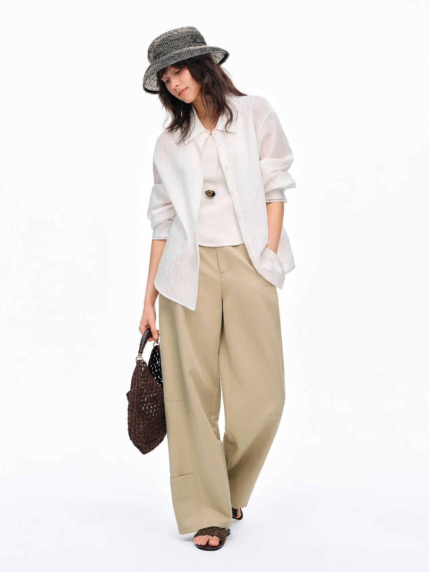 DUSHU Women's Workwear inspired Casual Pants High-waist Ripped Seam Metal Studs Straight-leg Long Pants 2026 Summer New Arrival