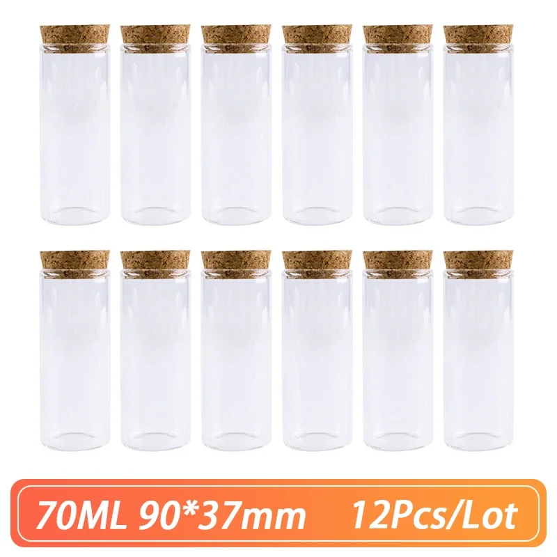 12 Pcs/lot Glass Bottle 90*37mm 70ml Small Stopper Test Tube Storage Spice Bottle Containers Glass jars Vials Cork Bottle