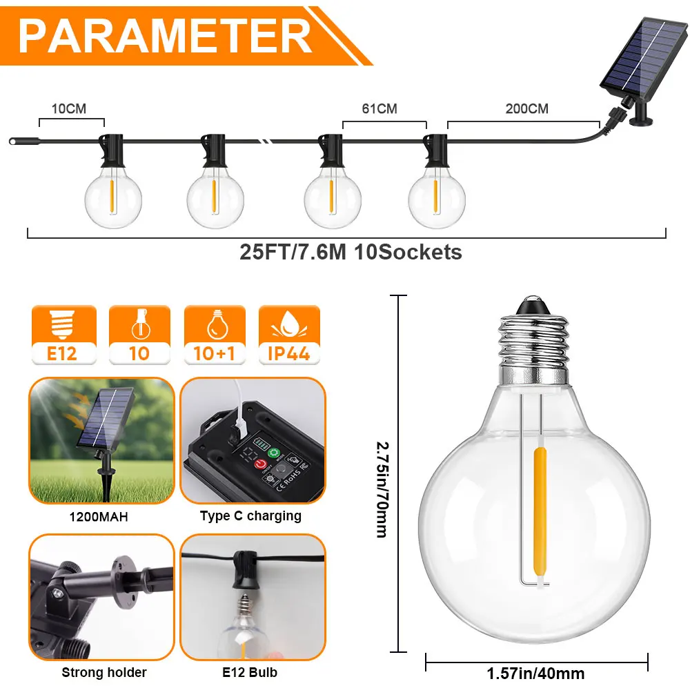 G40 Ghirlanda di luci solari per esterni Luci a stringa solari a LED 24V Globo Luci a sospensione impermeabili per giardino Cortile Cafe