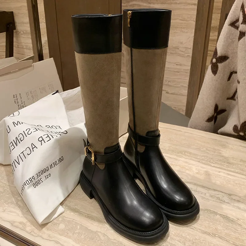 

Autumn and Winter New British Vintage Buckle Round Head Thick Heel Medium Long Skinny Knight Boots Woman