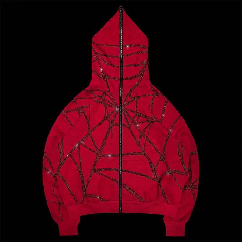 Zipper Lightning Print Rhinestone Bling Women Hoodie Hip Hop Gothic Oversized Y2k United State Retro Sweatshirt Streetwear