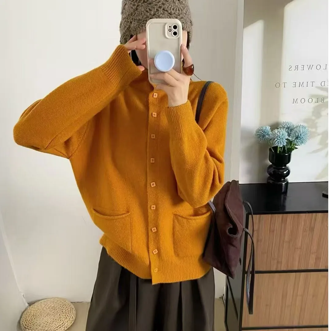 Suéter F de Tricô Casual de Outono, io, com Dois Bolsos, Estilo Solto, Cor Sólida, E, para o Dia a Dia, Mang...