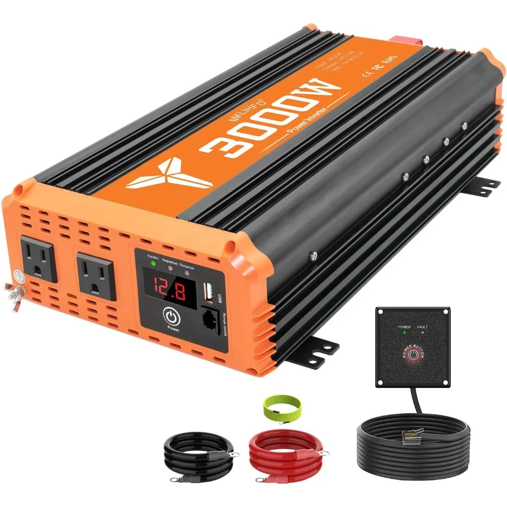 

3000 Watt 12V DC to 110V AC Home, RV, and Off-Grid Solar Power Inverter with Integrated 5V/2.1A USB Port and AC Hardwire Capabil