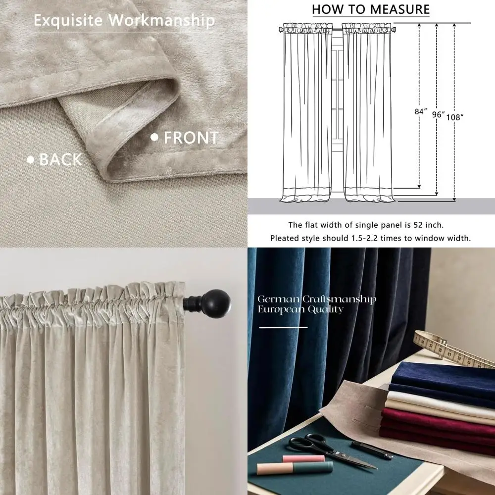 Luxury Ivory Crushed Velvet Curtains, 2-Panel Set, 52x96, Thermal Insulated, Soundproof, Light Filtering for Home Office