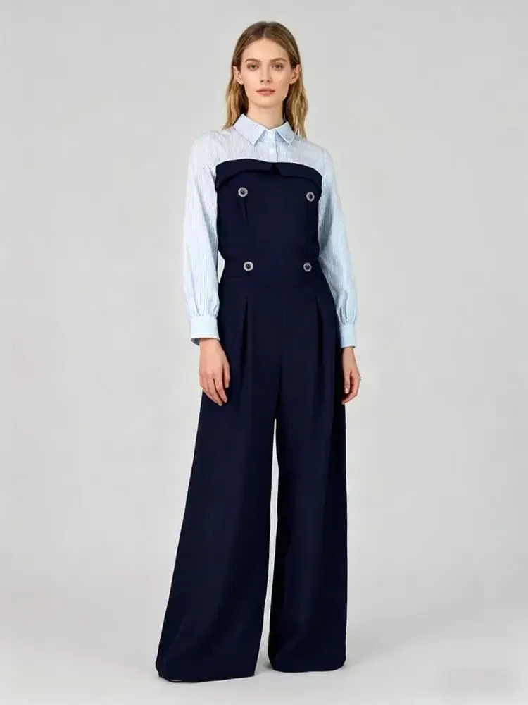 

2025 Autumn Fashion Women's Split-joint Jumpsuit Notched Collar Long Sleeves Striped Wide Leg One-piece Suit Elegant Rompers