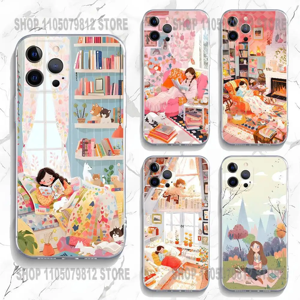 

Cozy Reading Bookshelf Girl Phone Case For iPhone 17 16,15,14,13,12,11 Plus,Pro,Max,XR,Plus,E,Mini Transparent Soft Cover