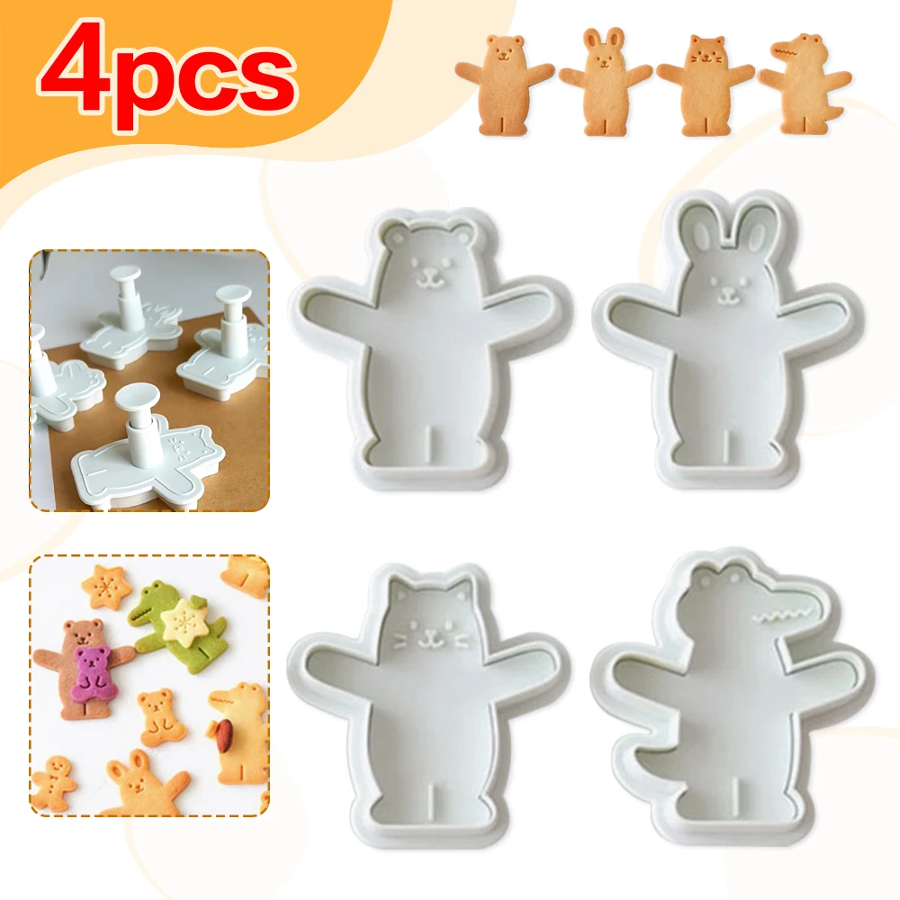 4Pcs/Set Cartoon Cookie Mold Rabbit Bear Crocodile Animal Cookie Cutting Mold Sugar Flipping Baking Press Tool For Family Games