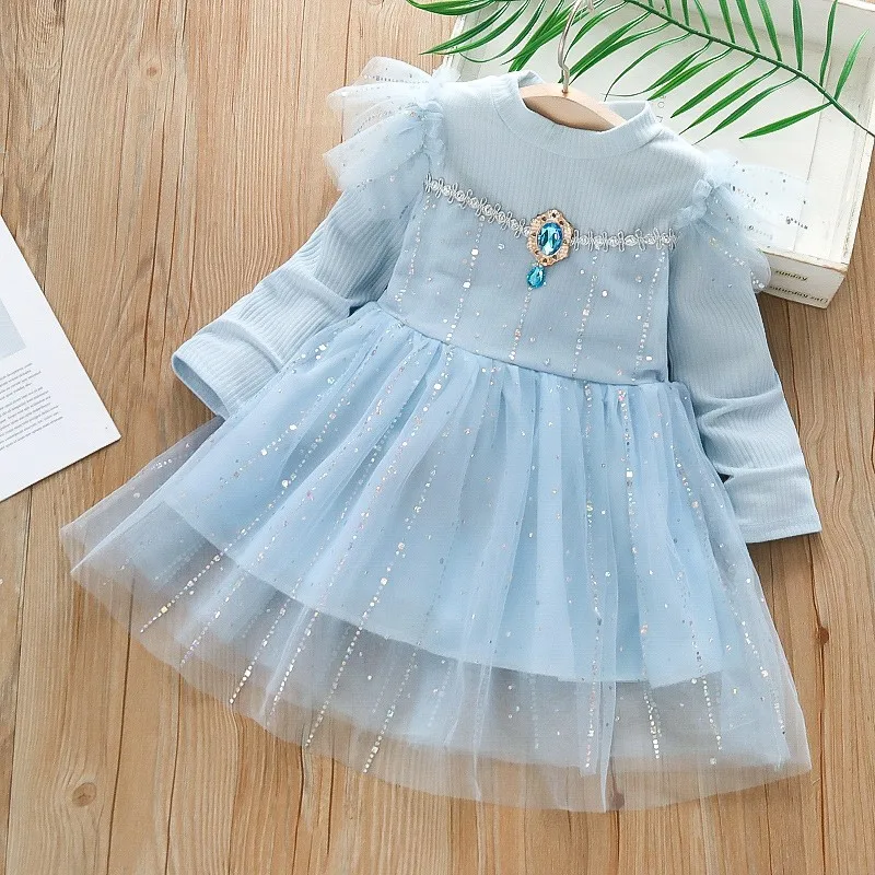 

Spring Long Sleeve Girls Dress Autumn Fashion Mesh Cartoon Anna Elsa Princess Dresses for 2-6 Years Kids Birthday Party Costume