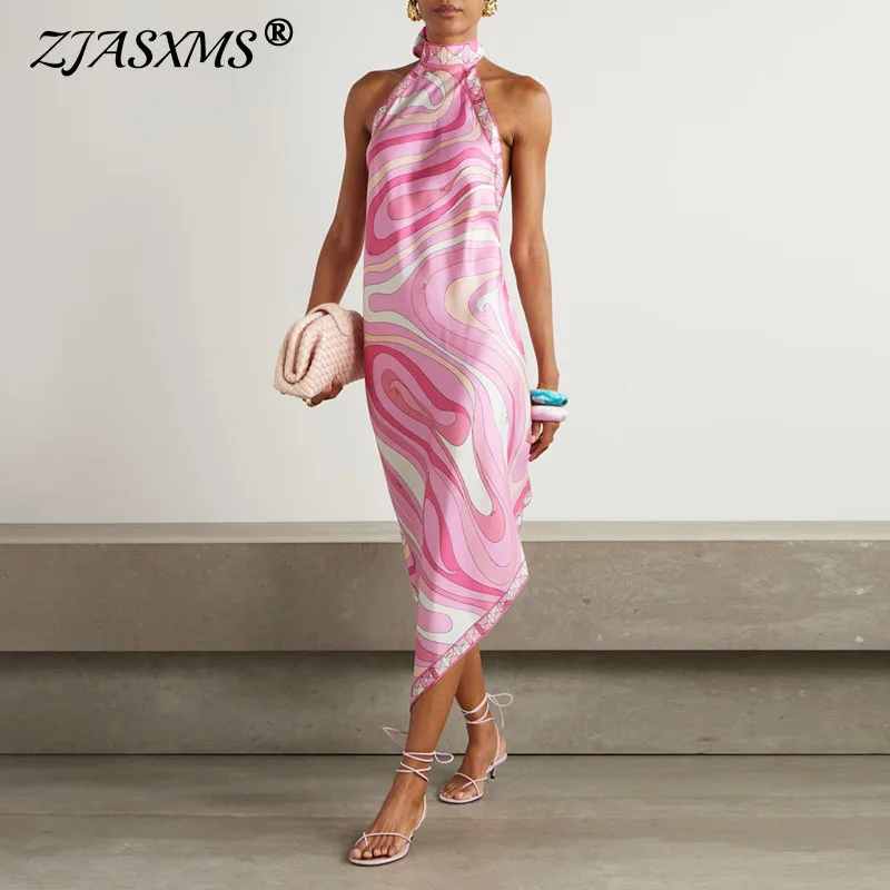 Vestidos Sexy Lace-up Halter Backless Satin Dress Woman Spring Print Slim Irregular Dress Summer Sleeveless Vacation Beach Dress