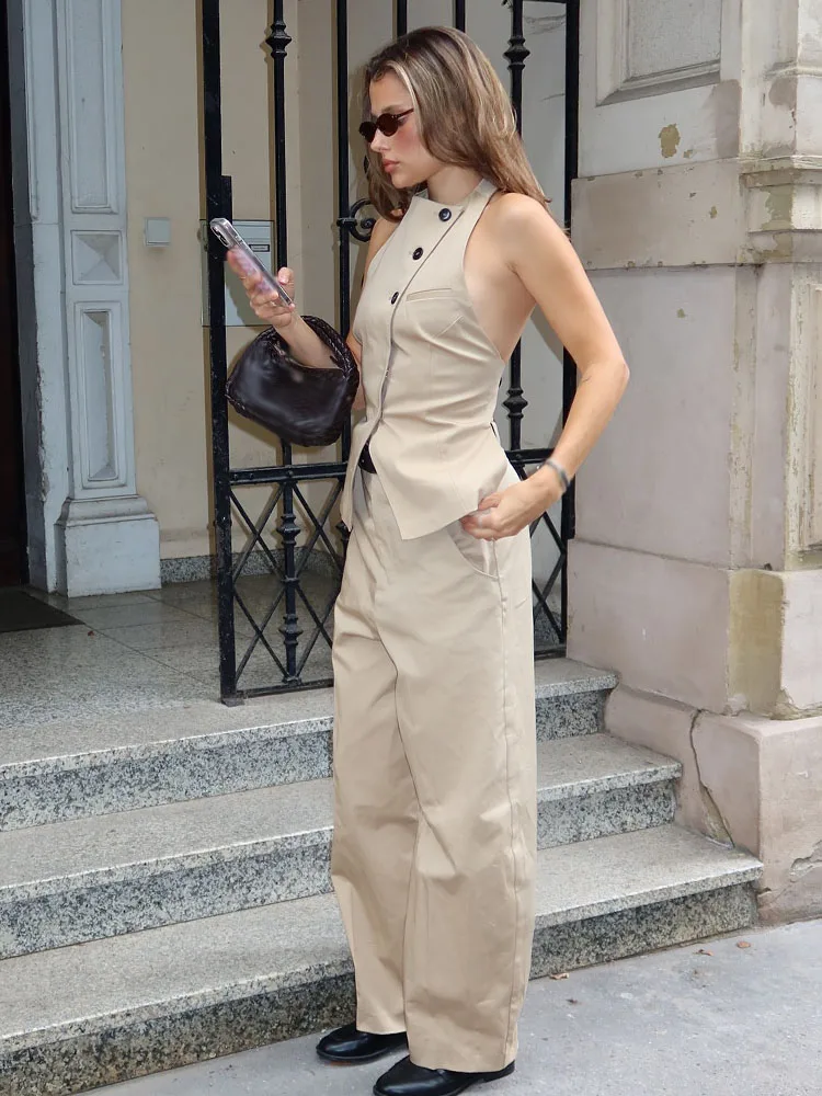 HH 가을 여성 솔리드 팬츠 슈트 민소매 백리스 홀터넥 탑+루즈 벨트 스트레이트 하이웨이스트 지퍼 바지