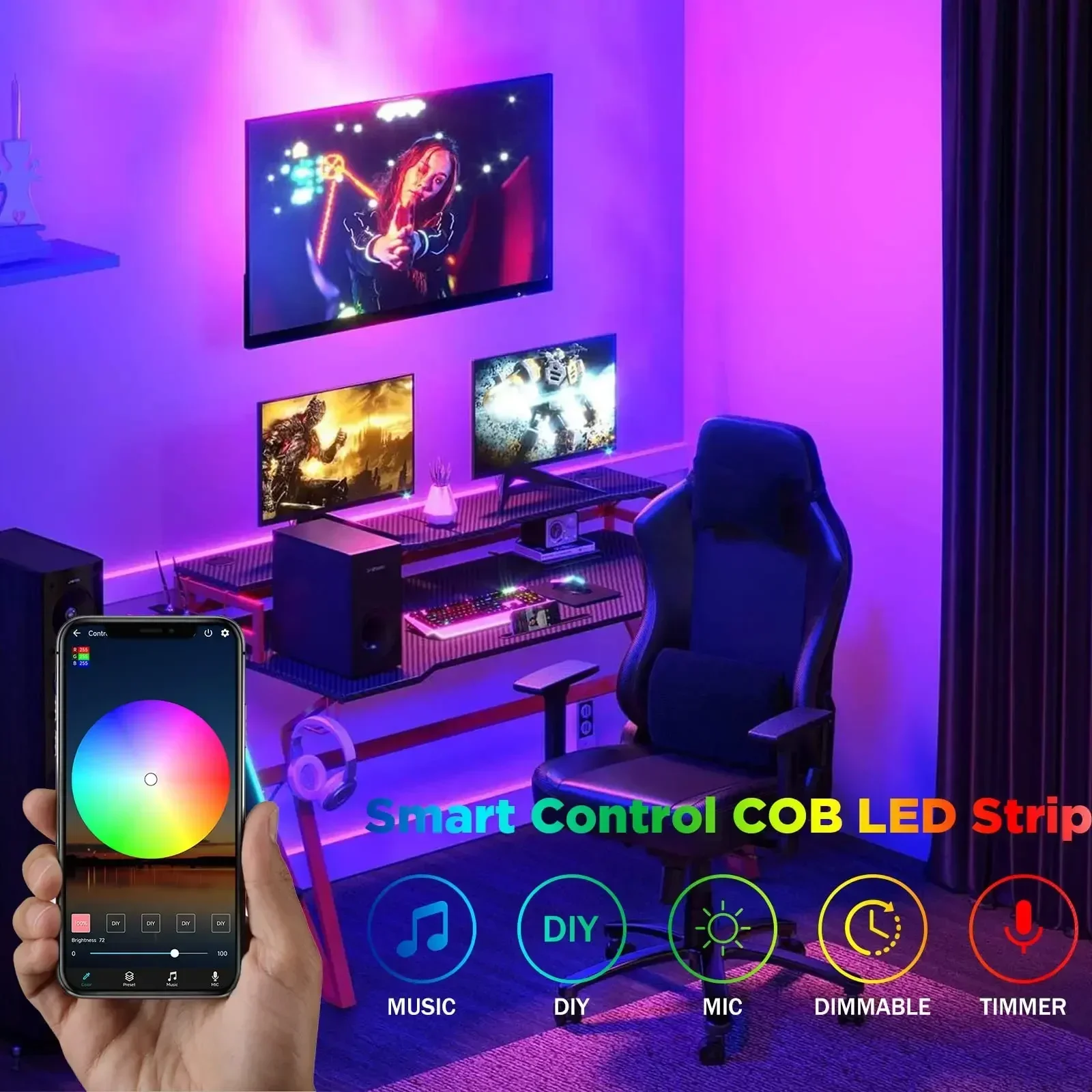 WS2812B RGBIC COB LED Strip Light DC 5V Individually Addressable Dream Color SPI RGB Pixel Flexible Tape for DIY Game Room Decor