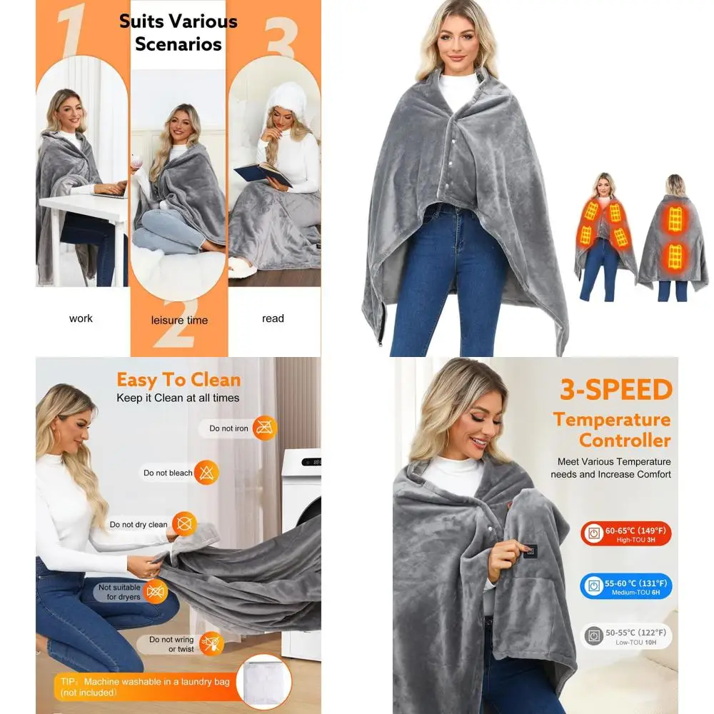 

Portable 6-Zone Heated Blanket, 55x35, Rechargeable USB, Wireless, Washable for Outdoor Use (Gray)