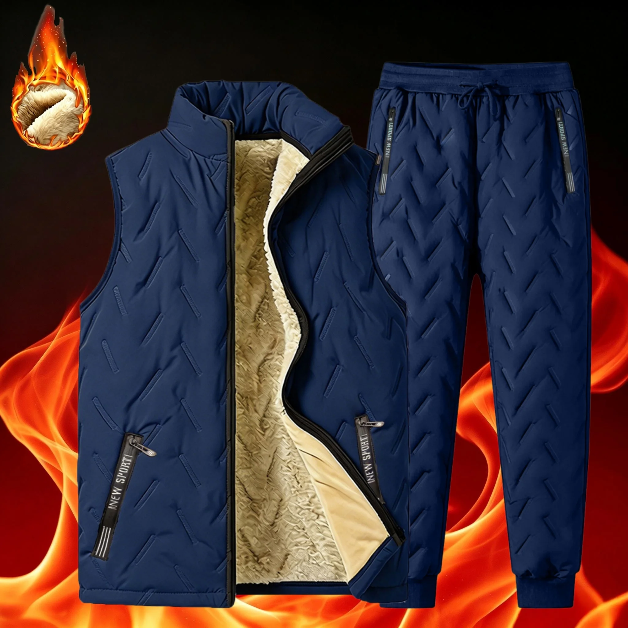 Immagine 3: Completo invernale da uomo composto da due pezzi: gilet imbottito con fodera in pile e pantaloni termici in cotone, antivento, caldo e casual.