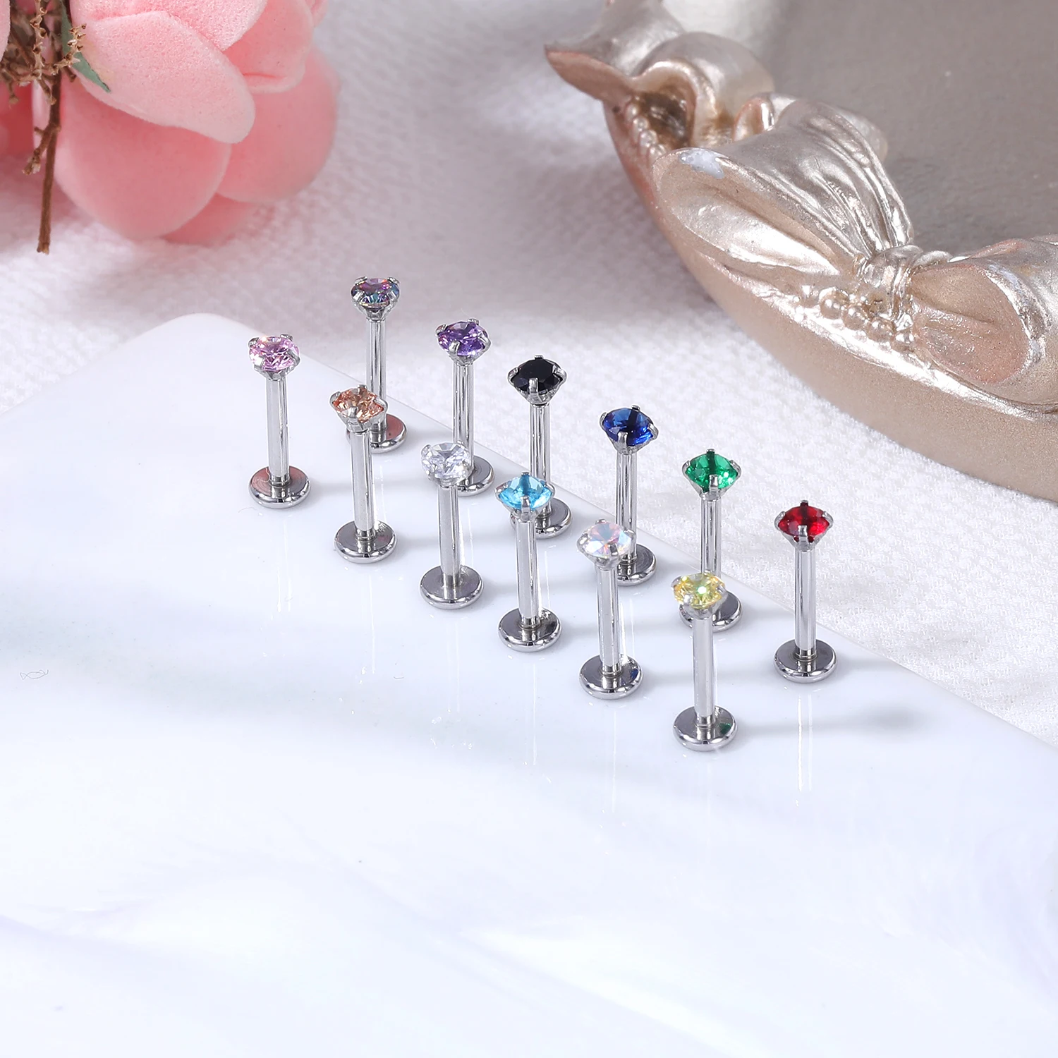 ZS 12Pcs 16G Zircon Labret Studs Women Piercing Jewelry Stainless Steel Lip Studs Crystal Tragus Conch Earring Stud Lip Piercing