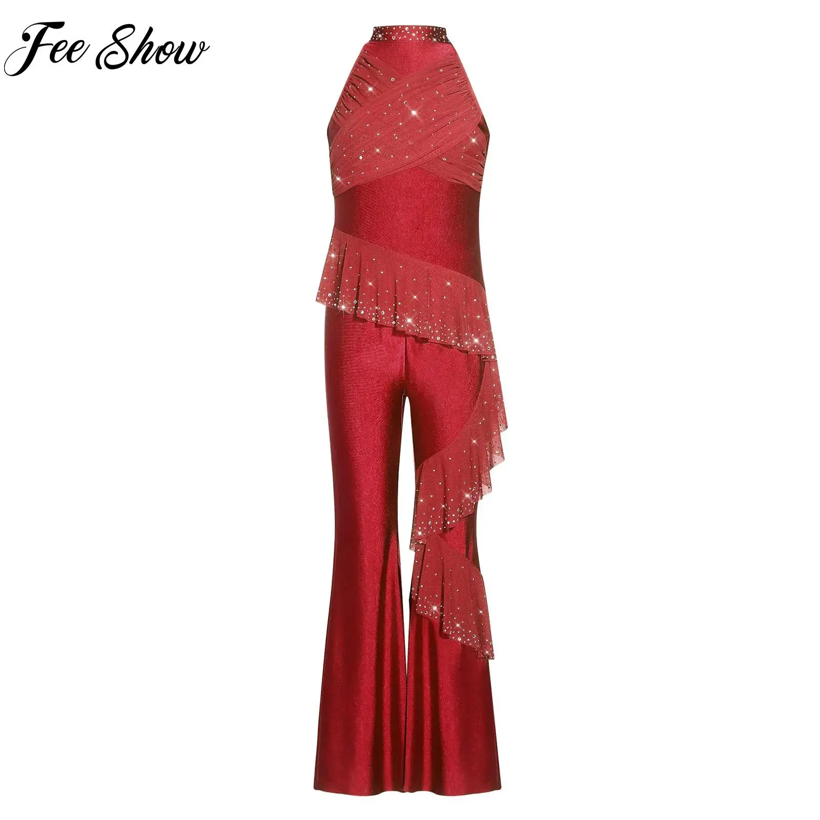 

Rhythmic Gymnastics Costume for Kids Girls Ballet Figure Skating Dancewear Ruched Sleeveless Rhinestones Mesh Bodysuit Jumpsuit