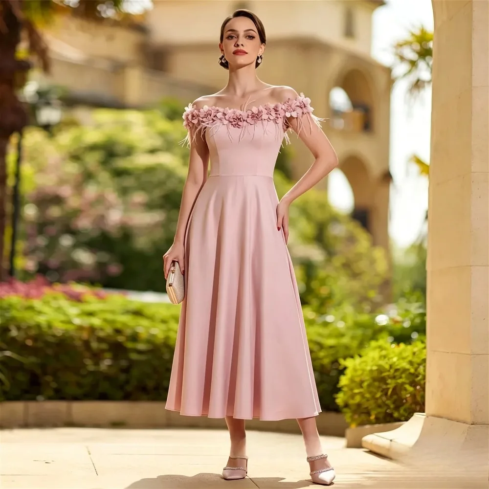 Customized Dusty Pink A Line Evening Dress Off Shoulder 3D Flower Feather Trim Flared Satin Wedding Cocktail Party Formal Gown