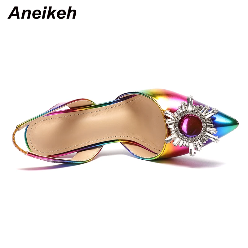 Aneikeh-Sapatos de salto alto femininos, dedo apontado, diamante, cristal, arco-íris, bombas de casamento feminino, moda verão