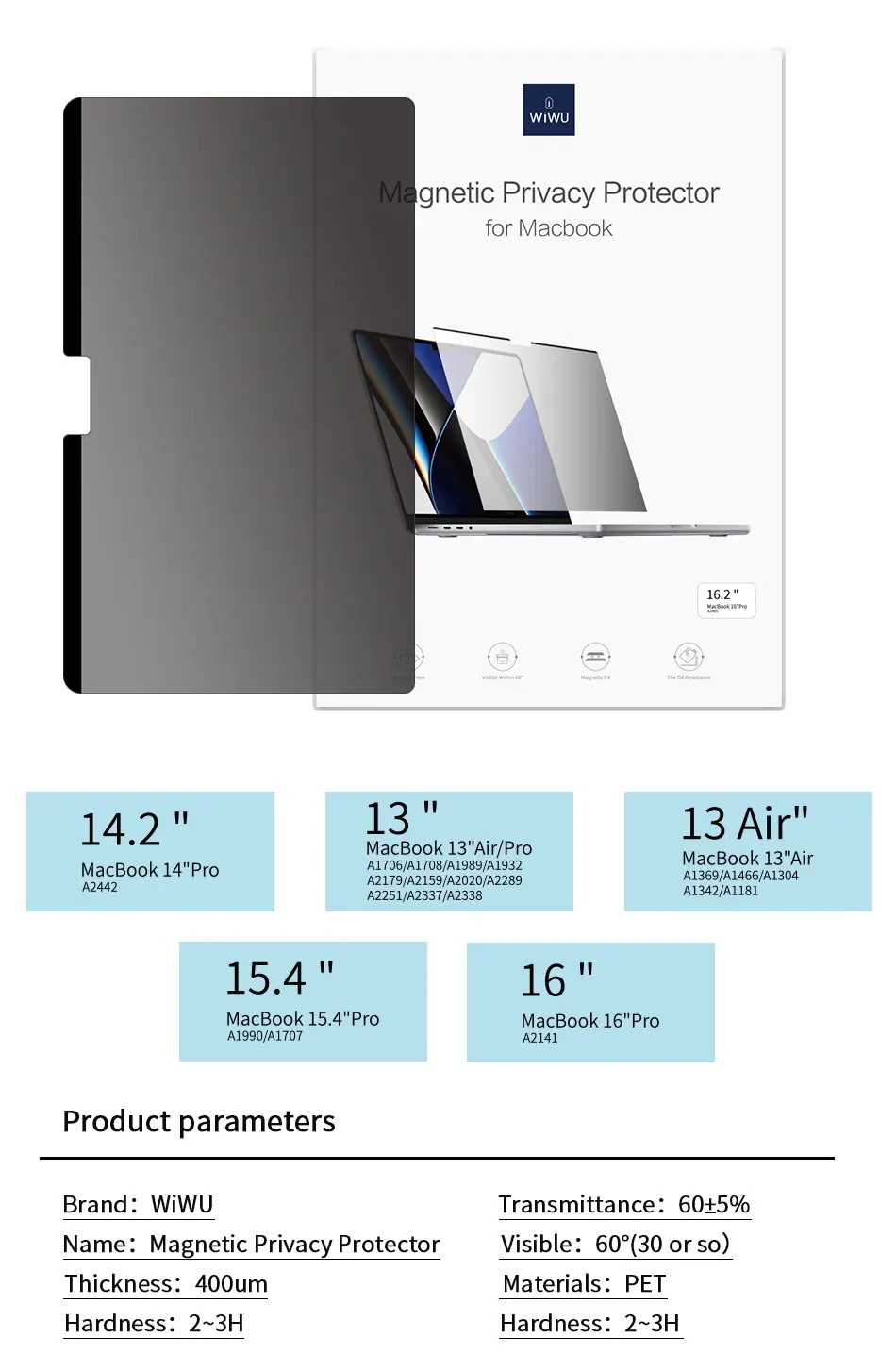 WiWU-Película protectora de pantalla de privacidad magnética para MacBook Air M2, Chip de 13,6 pulgadas, 2022, modelo A2681, pantalla de ordenador portátil Anti-peeping