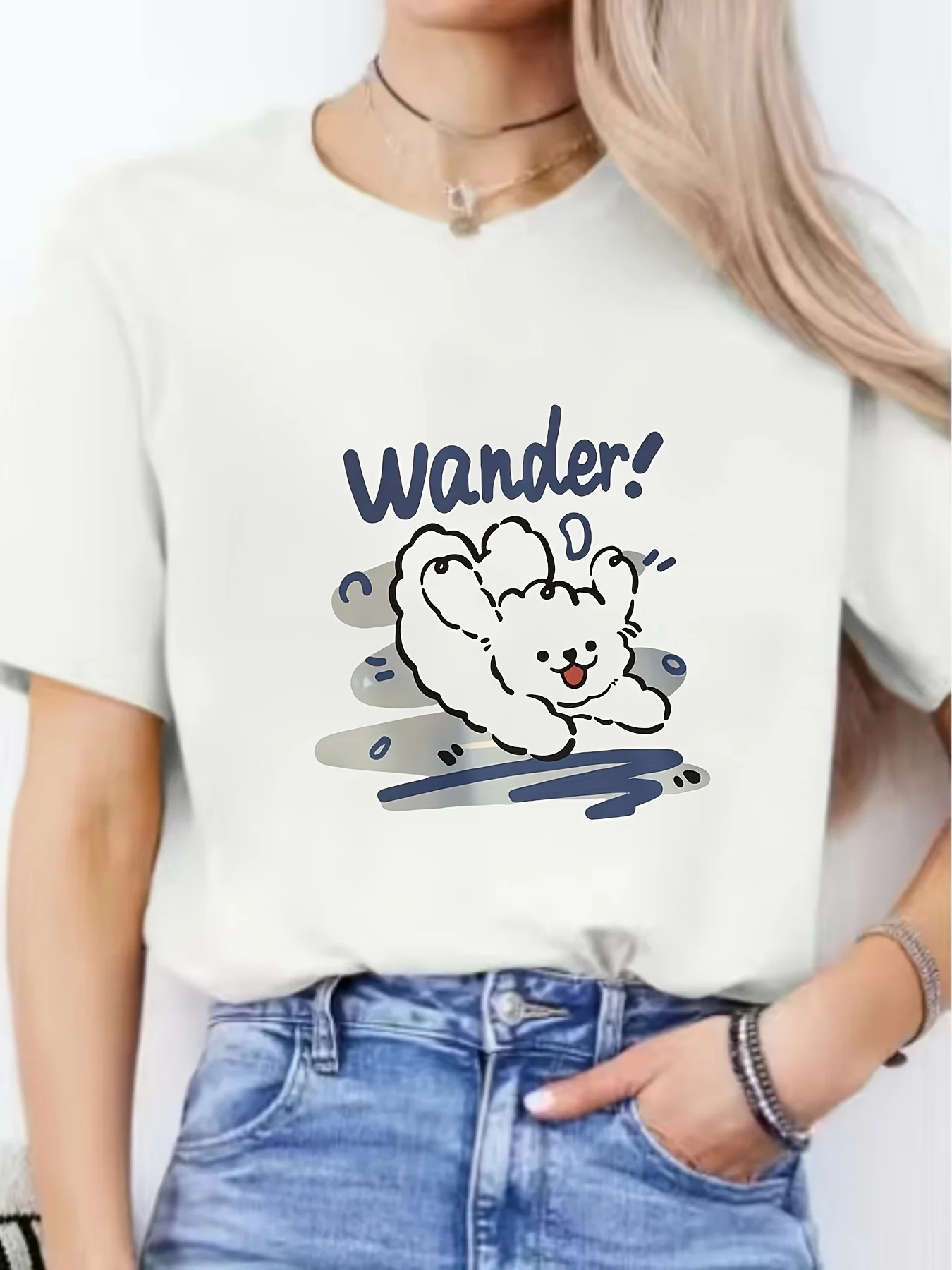 Women's Casual Round Neck Short Sleeve T-Shirt with Cute Dog Wander Graphic Print Graphic Y2k T Shirt Clothes Female Outfit 90s