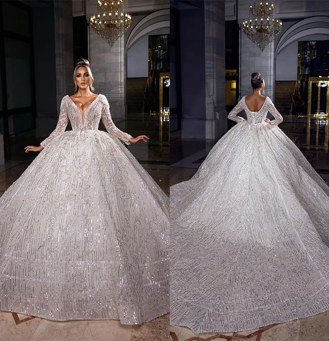 Luxuoso profundo decote em v vestido de casamento lantejoulas ilusão completa mangas vestidos de noiva feito sob encomenda laço longo trem vestido novia