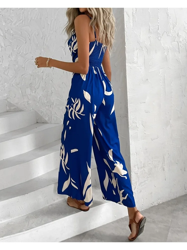 Summer Fashion Women\'s Full Body Printed Camisole Jumpsuit Casual Loose Wide Leg Pants Large V-neck Versatile Simple Jumpsuit