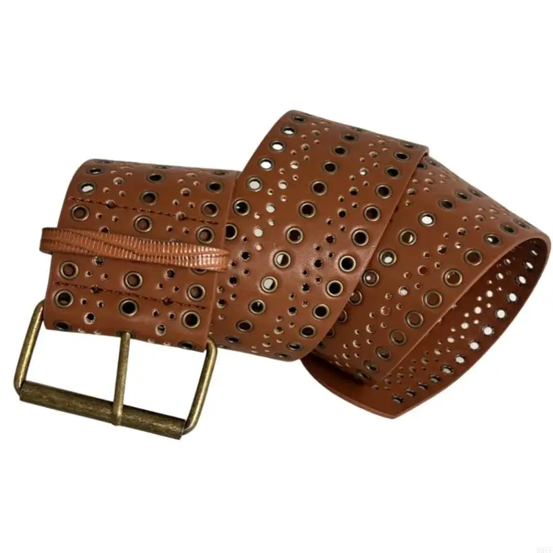 

B95F Unisex Wide Faux Leather Belt Punk Hollow Eyelet Studs Gothic Western Black Brown