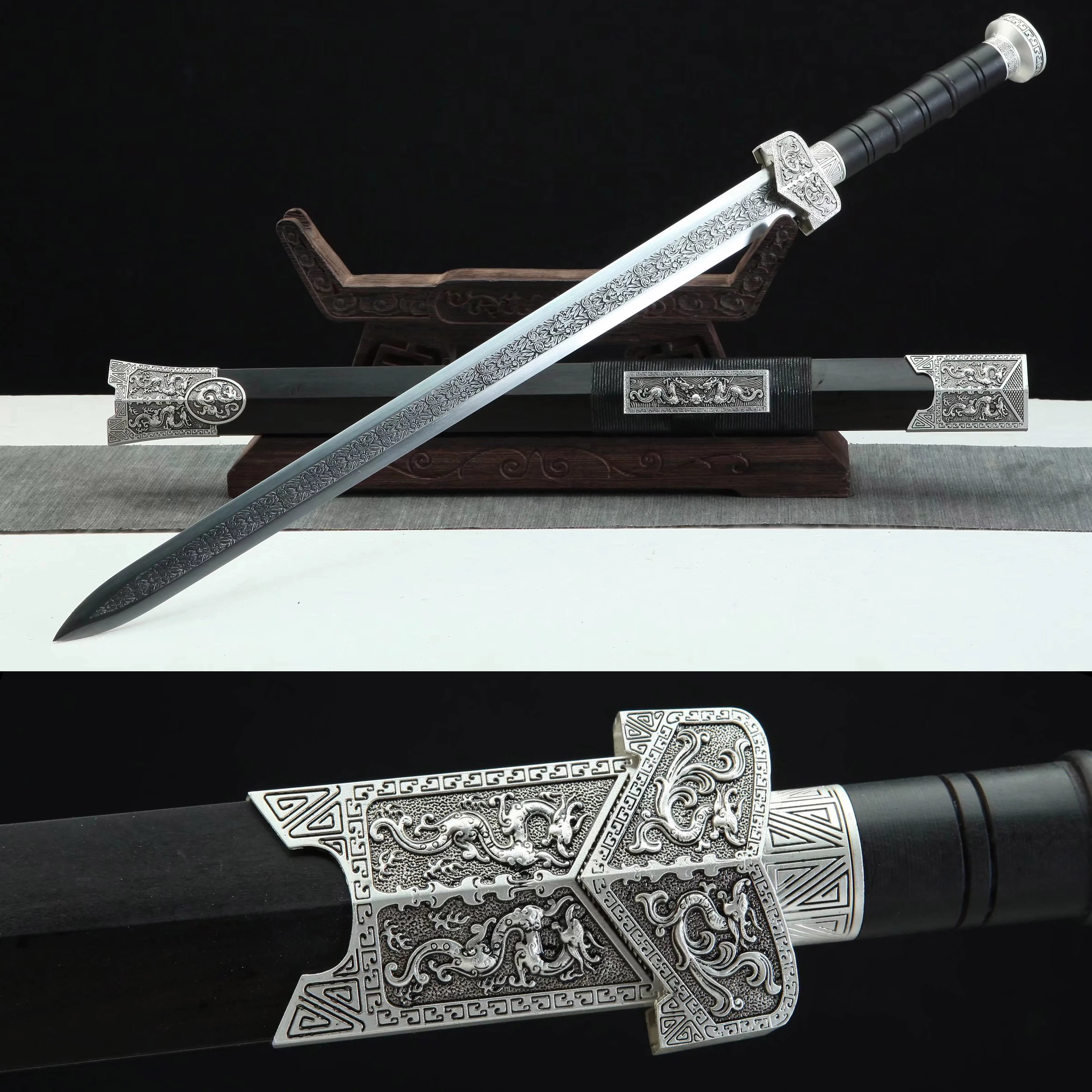 78cm Silver Dragon Samurai Sword - Carbon steel blade, sharp katana. Gift for martial arts enthusiasts. Perfect for combat tang
