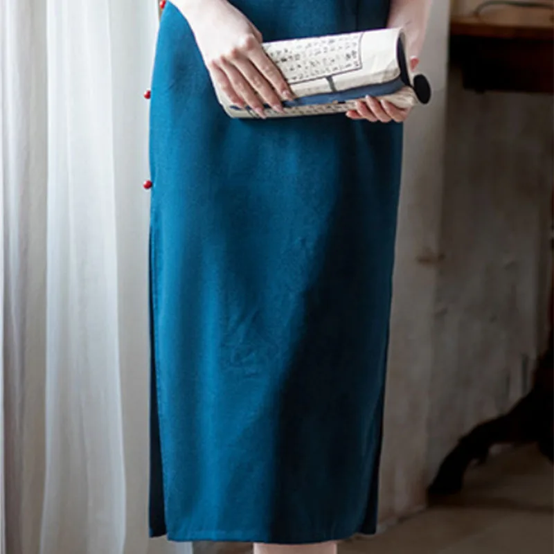 Blue Jacquard Qipao Sexy Women Dress Red Vintage Button Cheongsam Short Sleeve Vestidos Mandarin Collar Vestidos Plus Size 3Xl
