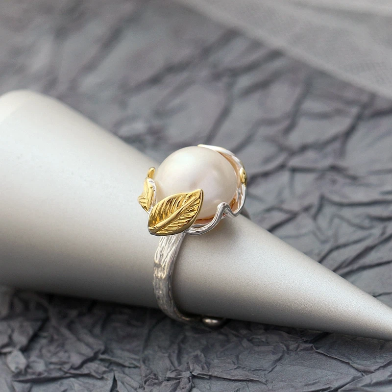 Real 925 Sterling Silver Fashion Women Open Adjustable Leafage Ring Natural Pearl 18K Gold Plated Wedding Party Jewelry Gift