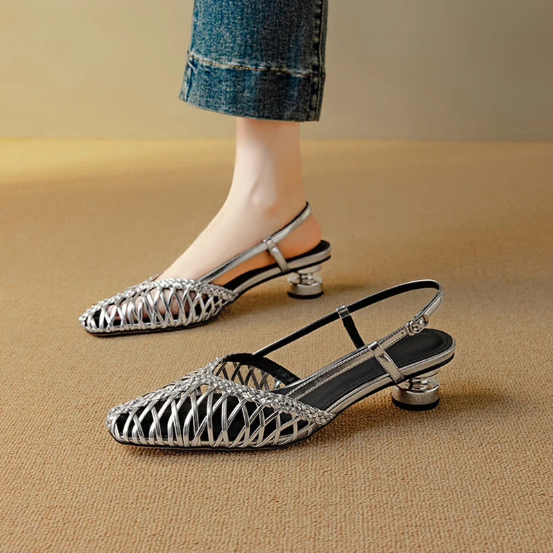 2026 new summer women sandals natural leather plus size 22-25cm weave+cowhide+sheepskin back-buckle thick heel women shoes