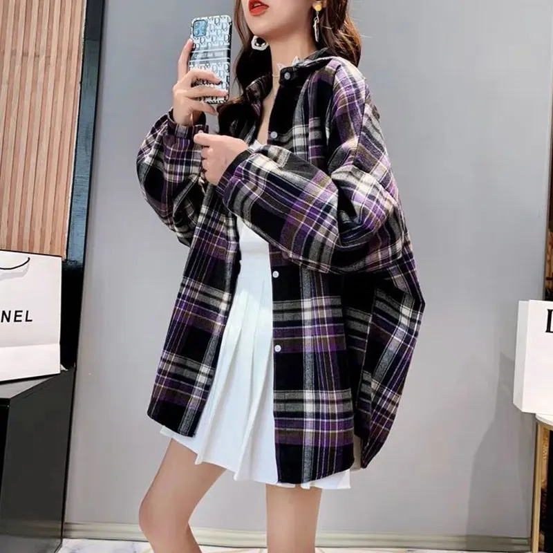 Women\'s Spring and Summer Fashion Simplicity Plaid Turn-down Collar Long Sleeve Shirts Women Clothes All-match Casual Loose Tops