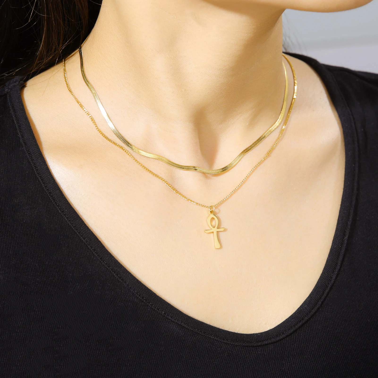 Dawapara Ankh Necklace Egypt Coptic Cross Charm Double Layer Snake Chain Stainless Steel Women Necklace Amulet Religious