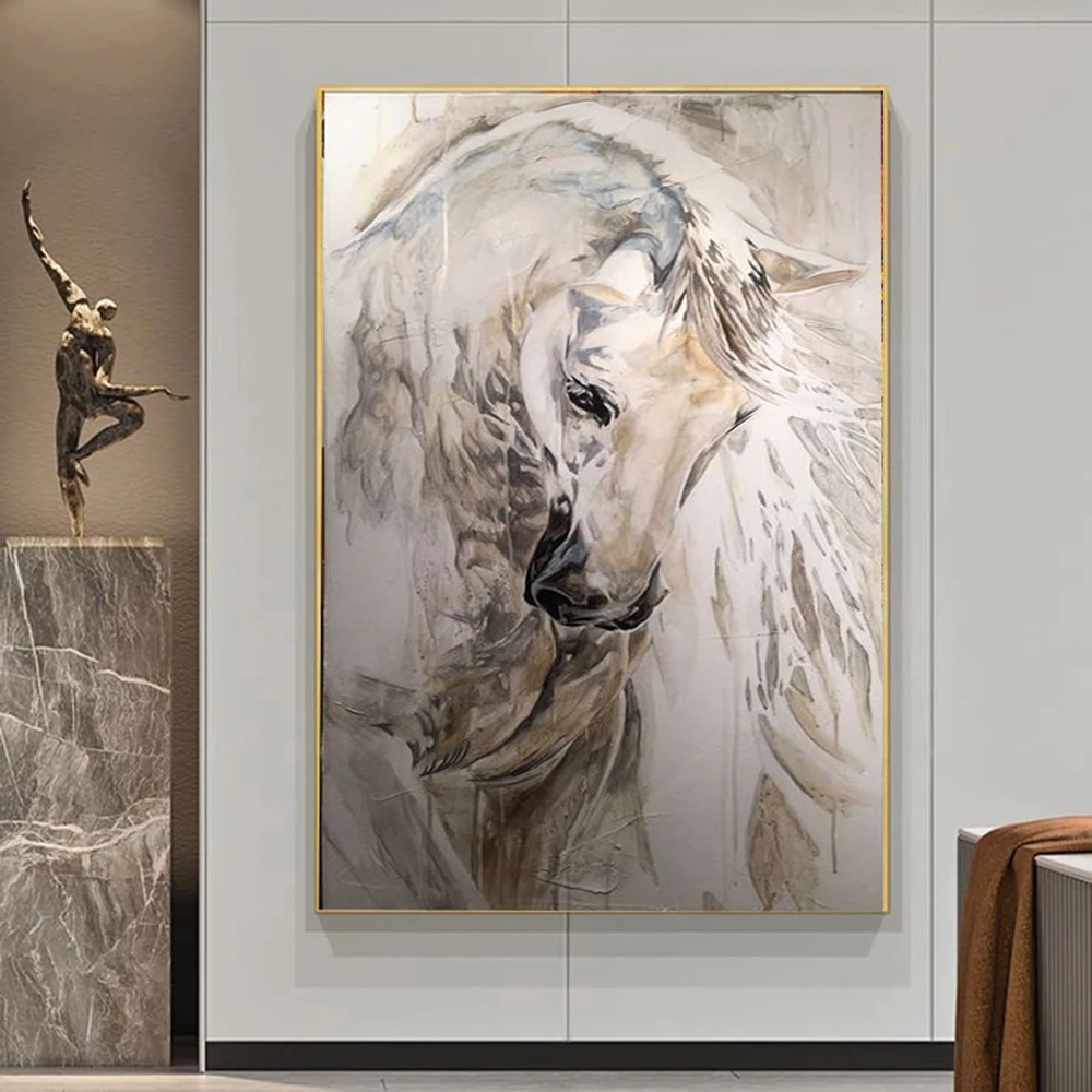 

Hand Painted Oil Painting White horse original oil painting Extra large art White and black horse abstract Horse wall art Animal