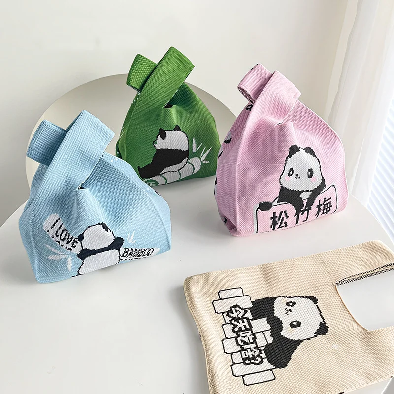 Retro Knitting Bag Women Panda Style Wrist Bag Student Reusable Tote Bags