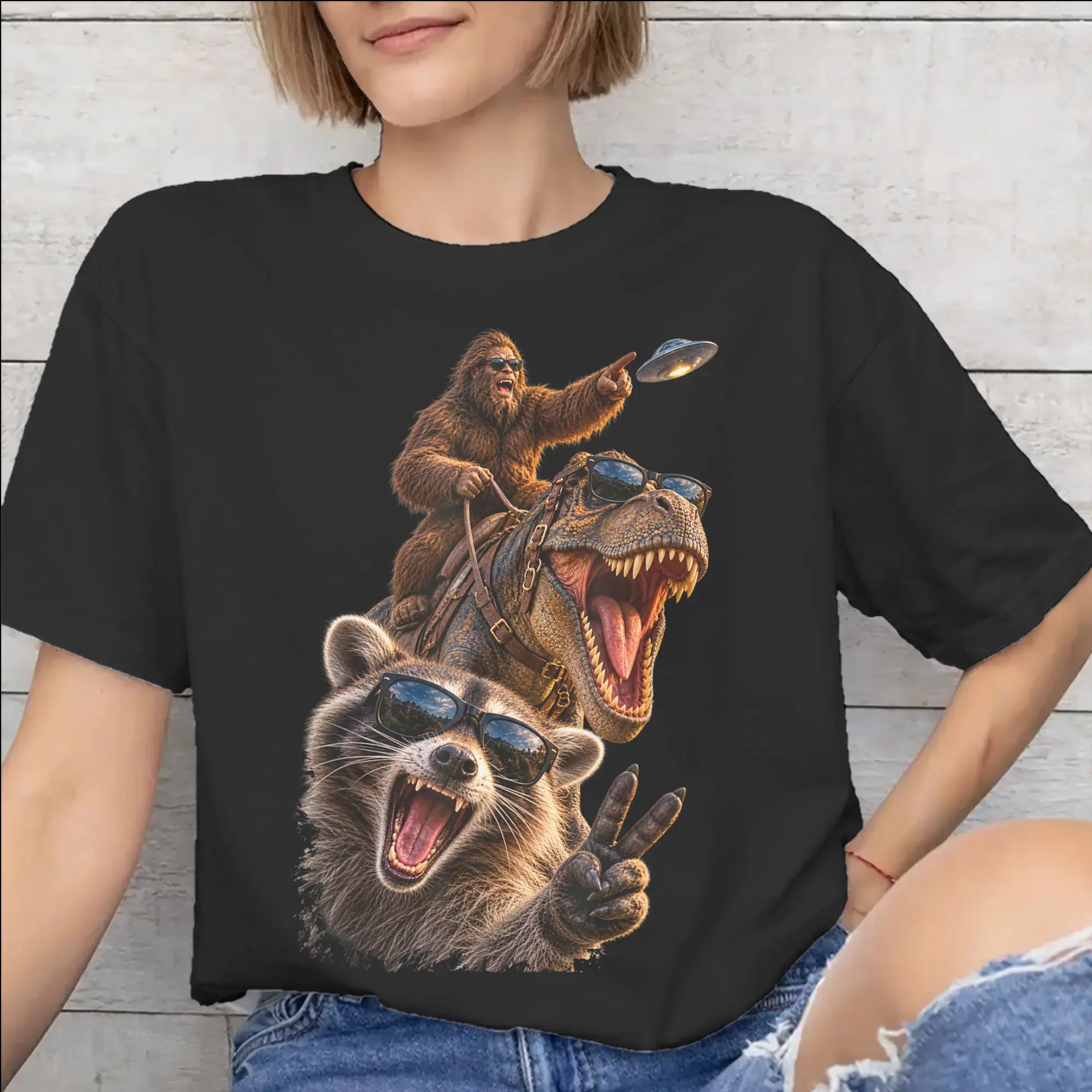 Funny Bigfoot Ride Dinosaur Raccoon New Arrival T Shirt Men Women  100% Cotton  Tee Shirt Clothing