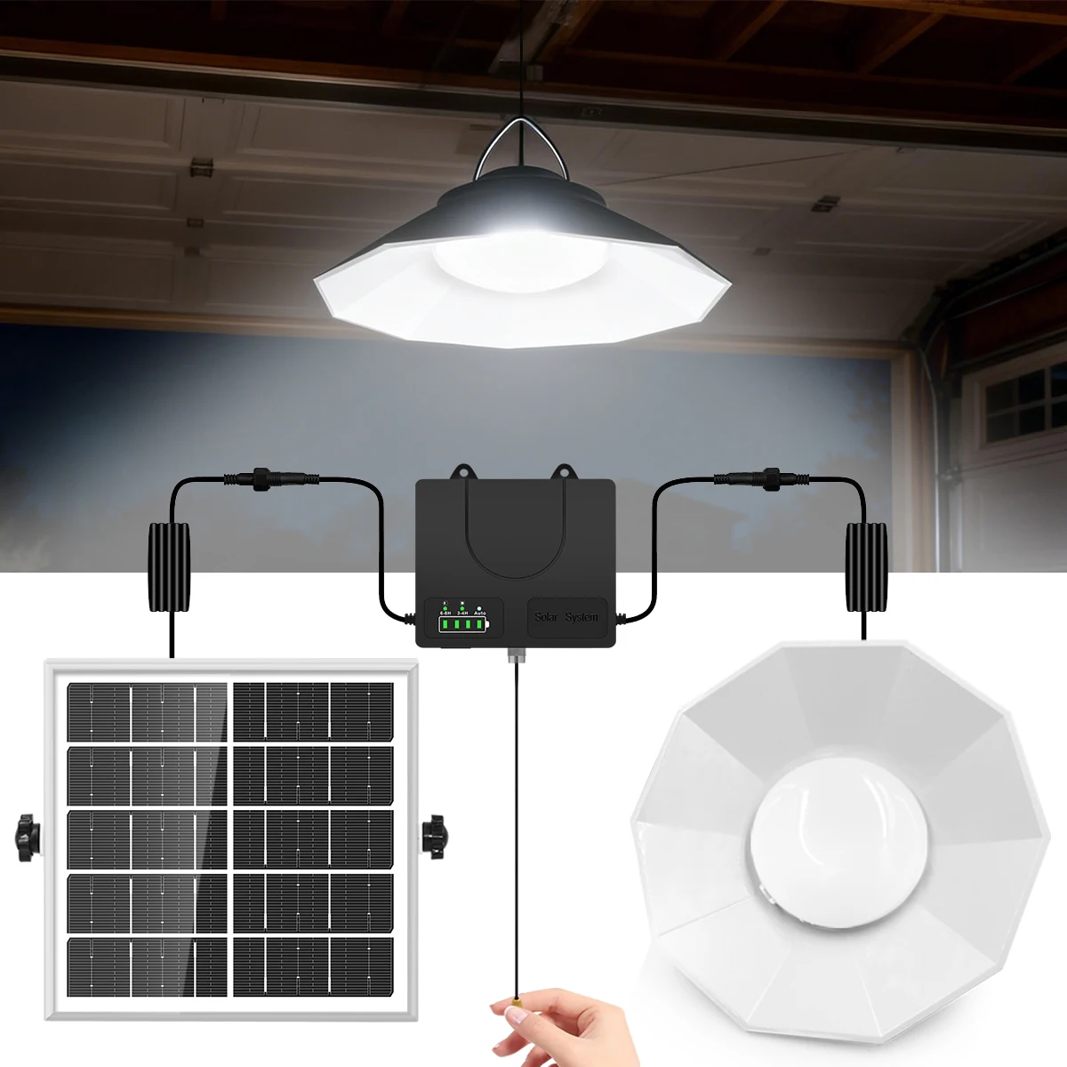 Lámpara Solar Colgante Retro con Interruptor de Tirón, Panel Solar Desmontable, 3 Modos, Alto Brillo, para Garaje, Gazebo, Granero, RV, Patio, Interior y Exterior