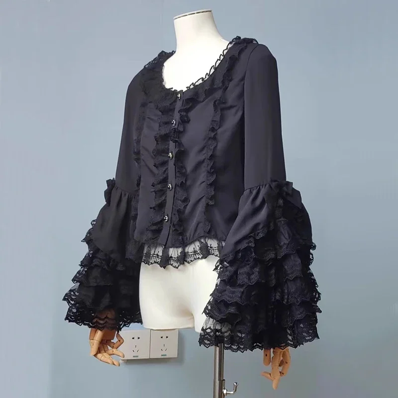 

Japanese Y2k Womens Lolita Shirt Aesthetic Lace Patchwok Blouse Women Casual Sweet Cute Pleated Bow Flare Sleeve Blusas Tops