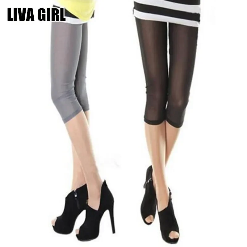 Liva Girl Hot Selling Fresh Stylish Women\'s Elastic Mesh Leggings Thin Short Mid-Calf Leggings Candy Color Half Pants Female