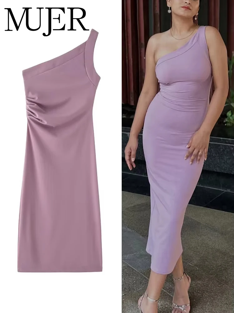 MUJER Asymmetrisches, plissiertes Midikleid für Damen, schulterfrei, Partykleider für Damen, Sommerkleid, Damen, 2025, lässige Damenkleider