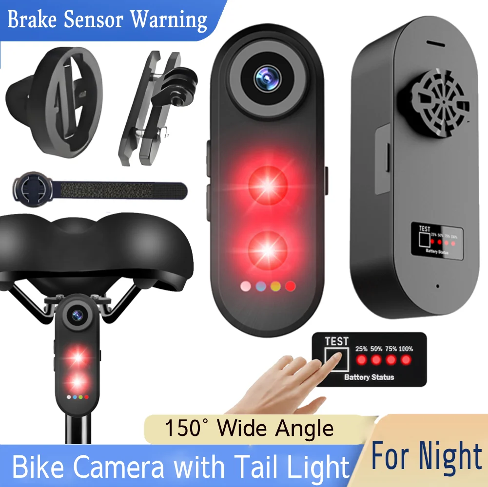 

Bike Camera with Tail Light W/ 150 Wide Angle Camera Bicycle Camera Taillight Brake Sensor Warning Lamp for Road Mountain Riding